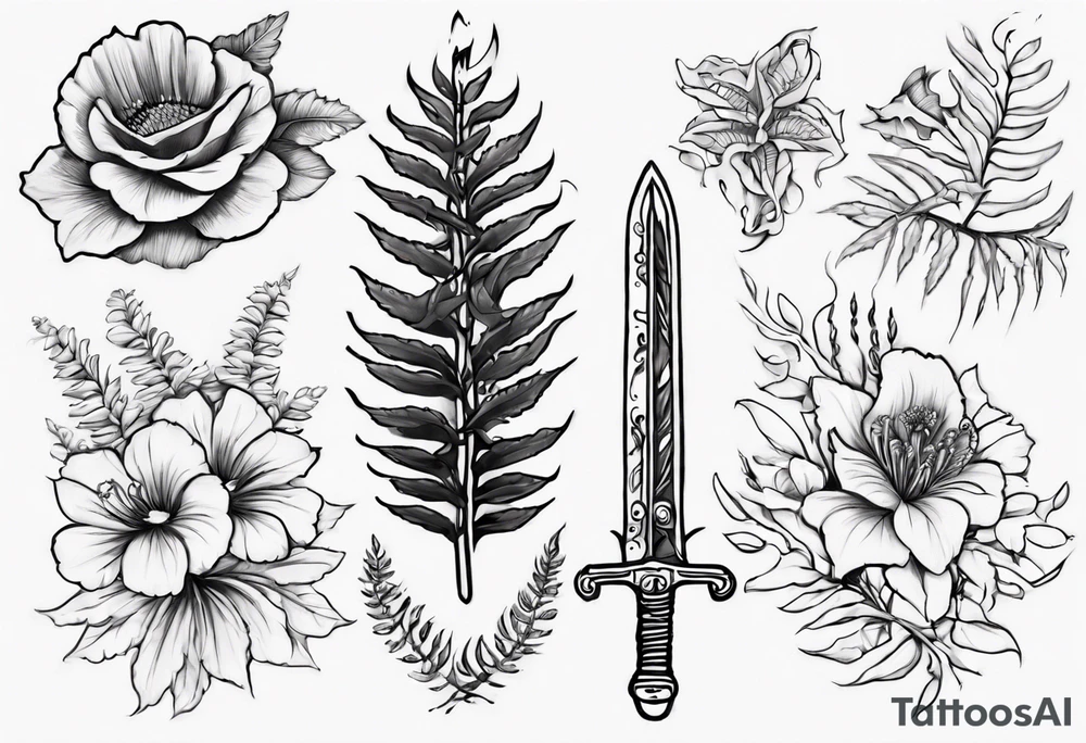 Swordfern and flowers that represent the pacific Northwest tattoo idea
