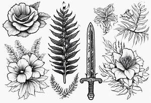 Swordfern and flowers that represent the pacific Northwest tattoo idea