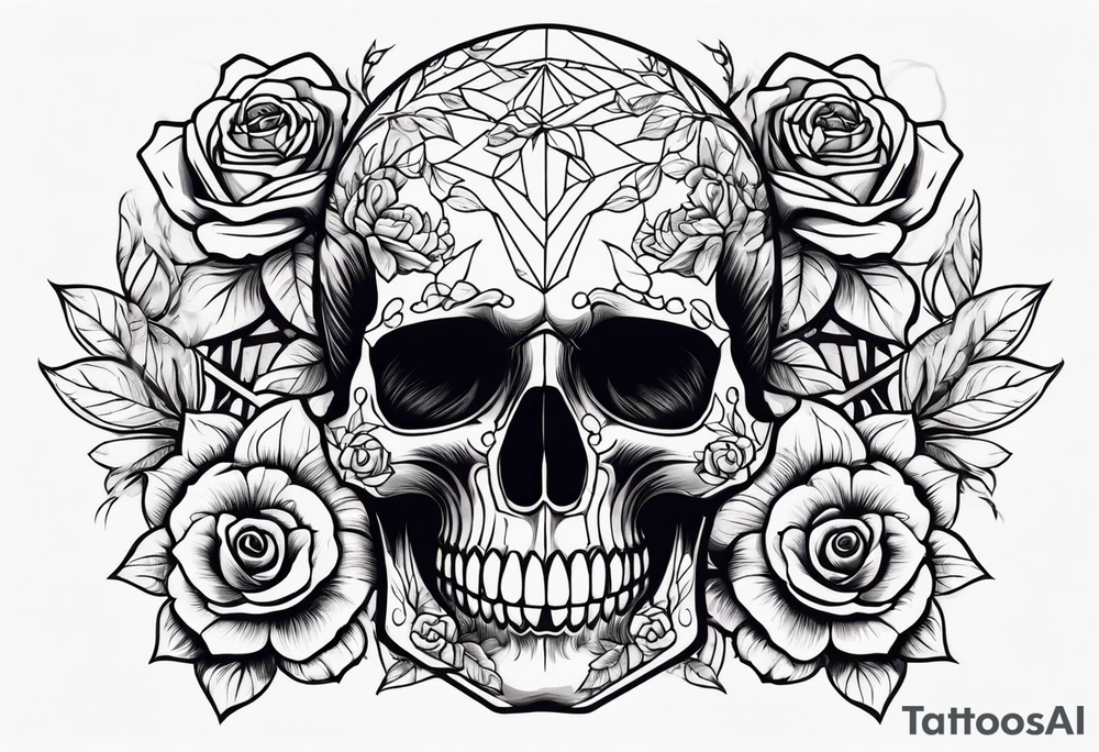 A skull in the middle surrounded by rose flowers dark theme tattoo idea