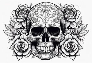 A skull in the middle surrounded by rose flowers dark theme tattoo idea