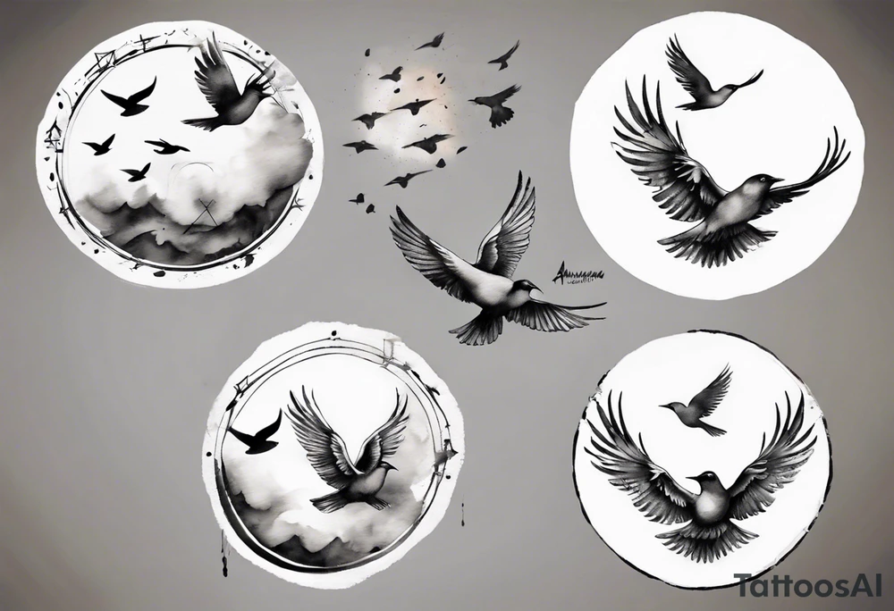 shoulder tattoo with light rays with birds flying free among the clouds, round shape, 3d effect tattoo idea