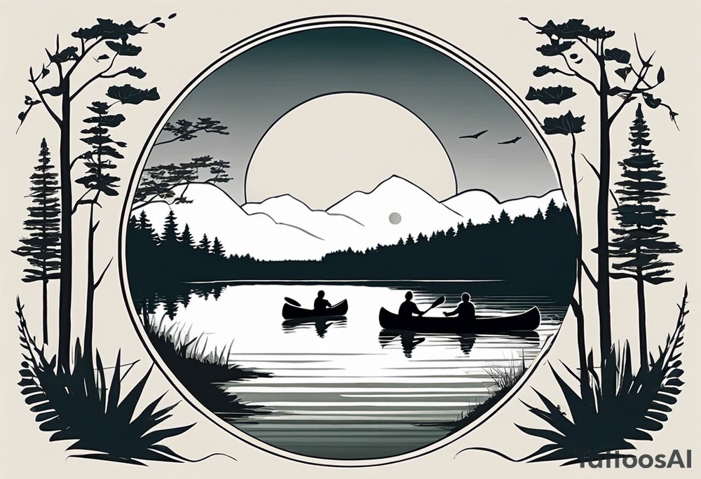 The tattoo design depicts a serene nature scene, framed within a semi-circular border. In the foreground, there are two people sitting in a canoe on a calm lake. They are paddling towards the horizon, with one person sitting at the back of the canoe and the other at the front. The back view of the people suggests a peaceful and contemplative moment shared between them.

In the background, there are majestic mountains with peaks covered in snow, creating a dramatic and picturesque landscape. The mountains are flanked by tall pine trees on either side, adding to the wilderness feel of the scene. Above the mountains, a large sun is either rising or setting, casting a tranquil glow over the entire scene. Birds are flying in the sky, adding to the sense of freedom and natural beauty.

The entire scene is rendered in a minimalist, black and white, line-drawing style, giving it a clean and elegant appearance. The semi-circular frame around the design focuses attention on the central elements and adds a sense of completeness to the image. black and white tattoo idea