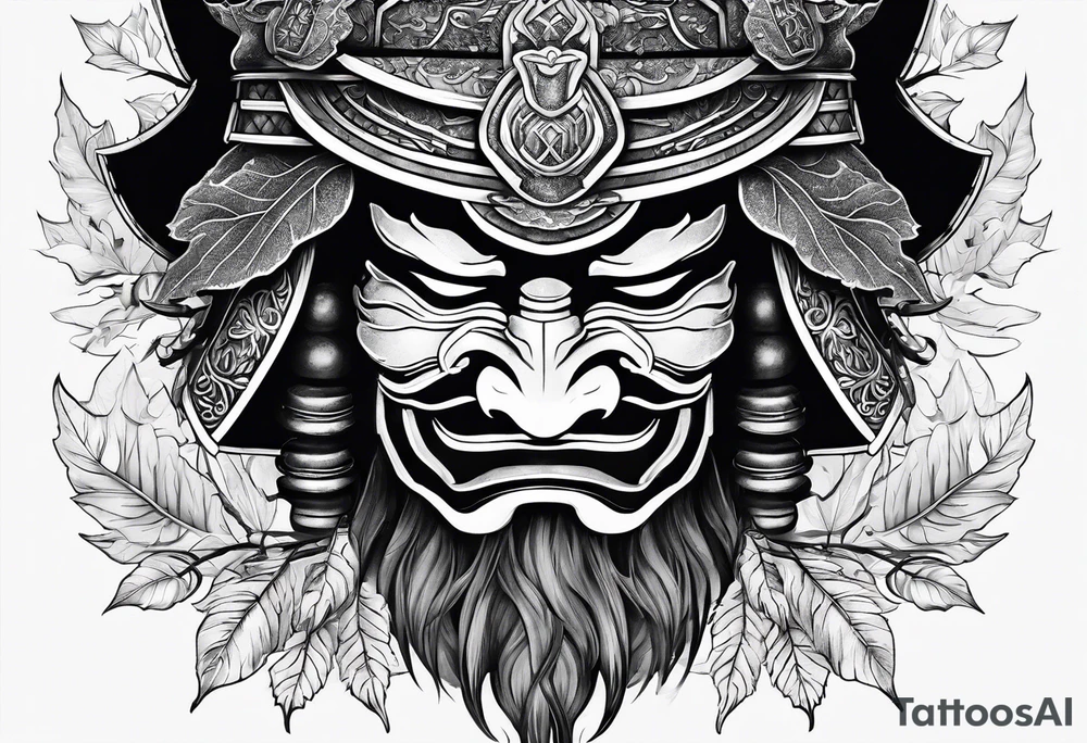 samurai mask with autumn leaves and smoke tattoo idea