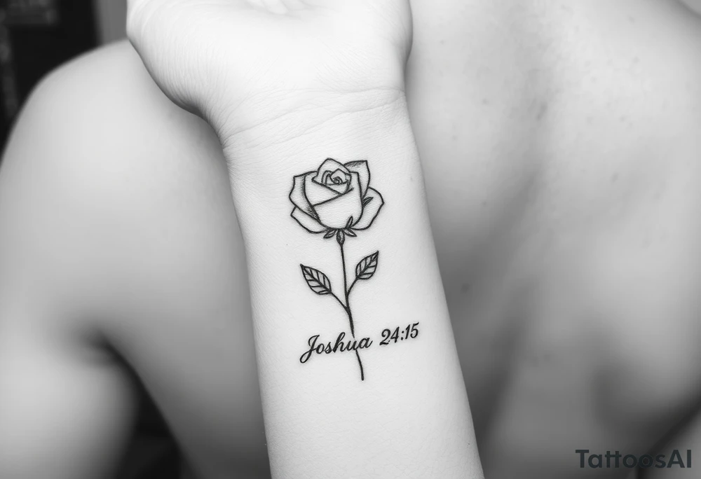 fine-line rose on my inner wrist, with the stem flowing down into the word Joshua 24:15 in tiny clean text underneath. Blessed with blessed added tattoo idea