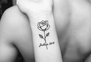fine-line rose on my inner wrist, with the stem flowing down into the word Joshua 24:15 in tiny clean text underneath. Blessed with blessed added tattoo idea