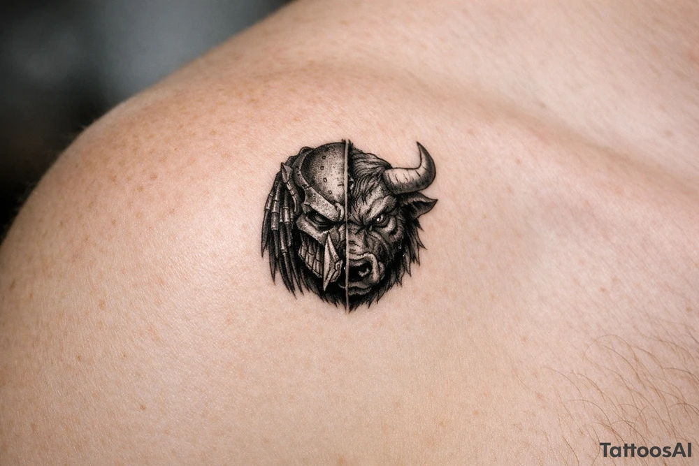 a face half predator half bull tattoo idea