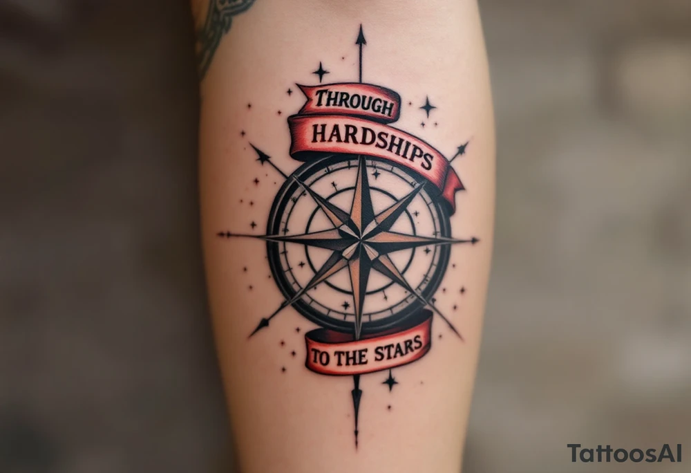 Wrapped in a crimson banner, the phrase “Through Hardships to the stars” winds around a black-inked compass rose. tattoo idea