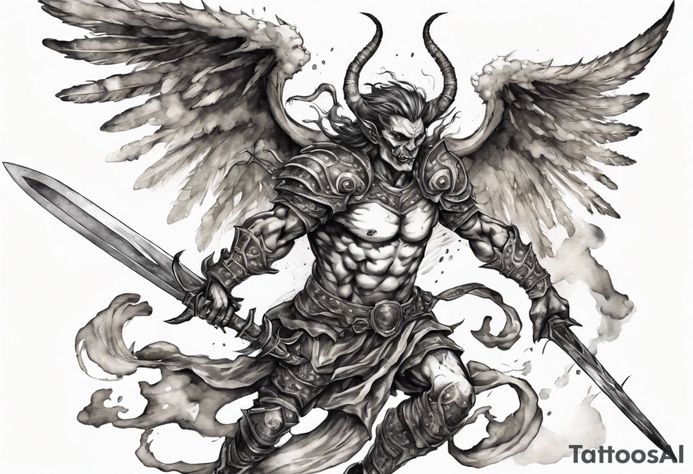 A demon angel wearing organic armor that is in mid-air with his two-handed sword behind them about to attack. tattoo idea