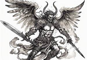 A demon angel wearing organic armor that is in mid-air with his two-handed sword behind them about to attack. tattoo idea