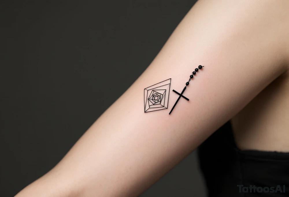 Minimalist geometric rosary tattoo: precise black‑ink circles (beads) decreasing subtly in size, linked by perfectly straight, fine lines to form clean angles rather than curves; the strand drapes in a crisp isosceles‑triangle silhouette across the forearm. Where the pendant would hang, a small concentric‑line cross sits inside a outlined golden‑ratio spiral, all rendered in thin charcoal‑black lines with a single muted‑copper accent on the cross for contrast—overall a sleek, math‑inspired aesthetic with no shading, just pure linework. tattoo idea