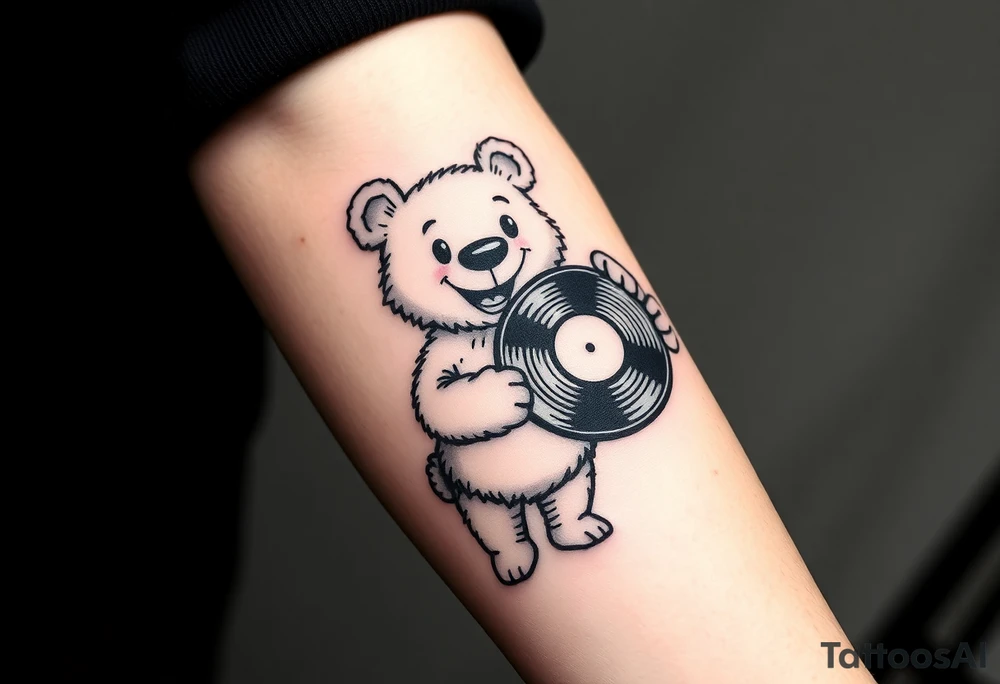 happy cartoon bear holding a vinyl record tattoo idea