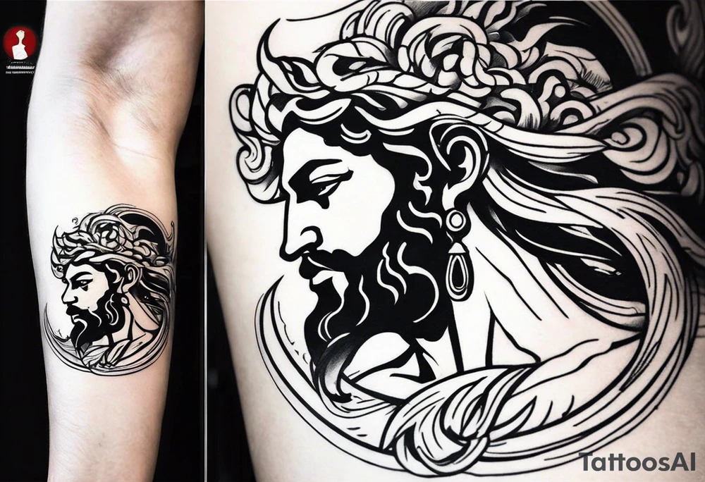 I want to design a mythological upper arm tattoo. I want to have a part of the arm empty and there is another tattoo there, it should not be too big.
zeus medusa tattoo idea