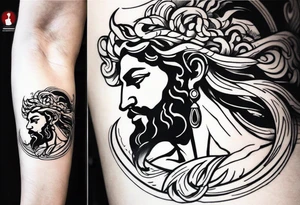 I want to design a mythological upper arm tattoo. I want to have a part of the arm empty and there is another tattoo there, it should not be too big.
zeus medusa tattoo idea