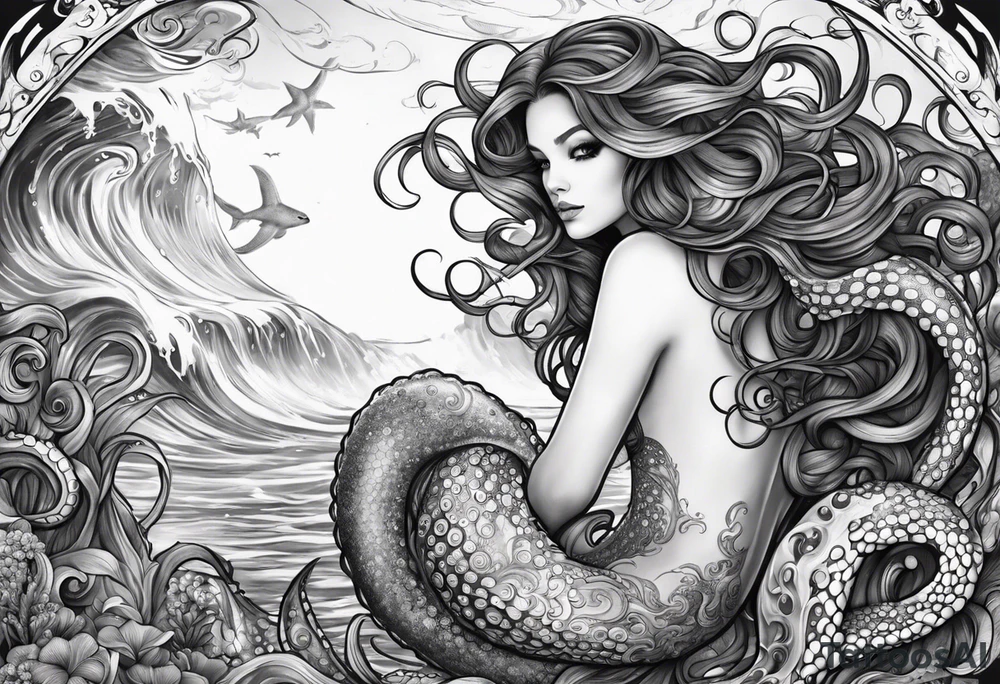 Leg sleeve Octopus looking up at a mermaid in the ocean tattoo idea