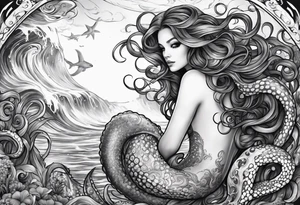 Leg sleeve Octopus looking up at a mermaid in the ocean tattoo idea