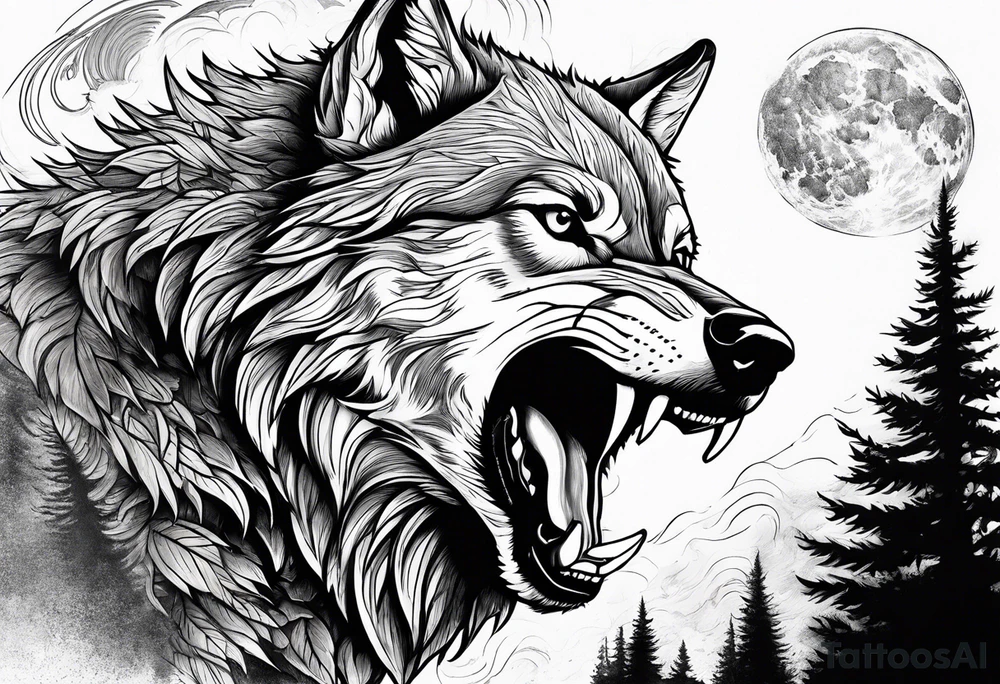 Powerful storm raging through forest with an alpha wolf snarling tattoo idea