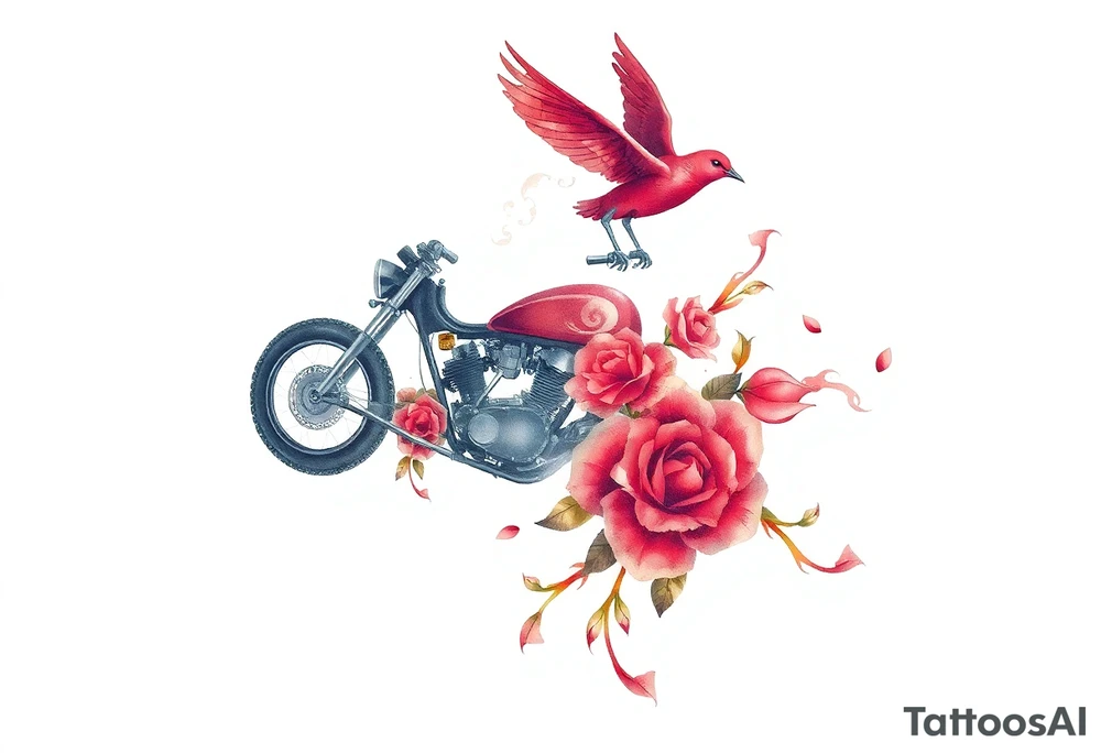 Motorcycle, red bird flying, roses and lace, flames tattoo idea