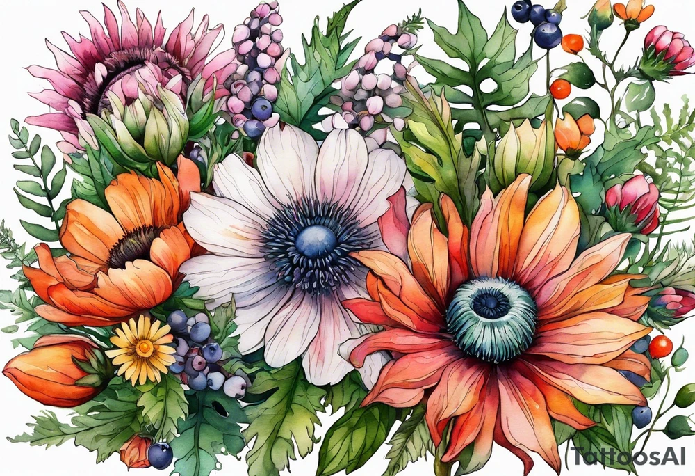 wildflowers with thistles, ferns, white anemones, sun flowers, orange flowers, green flowers, pink flowers, red flowers, berries and all in watercolor tattoo idea