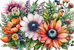 wildflowers with thistles, ferns, white anemones, sun flowers, orange flowers, green flowers, pink flowers, red flowers, berries and all in watercolor tattoo idea