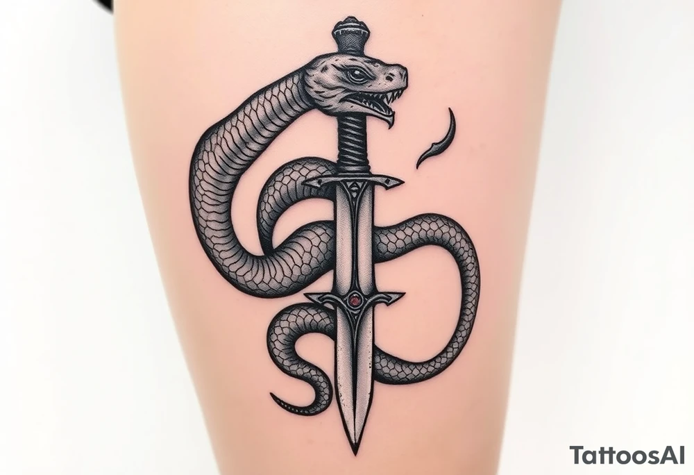 mystical snake coiled around an ancient dagger with jeweled hilt tattoo idea