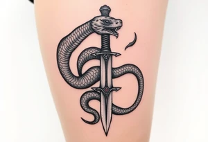 mystical snake coiled around an ancient dagger with jeweled hilt tattoo idea