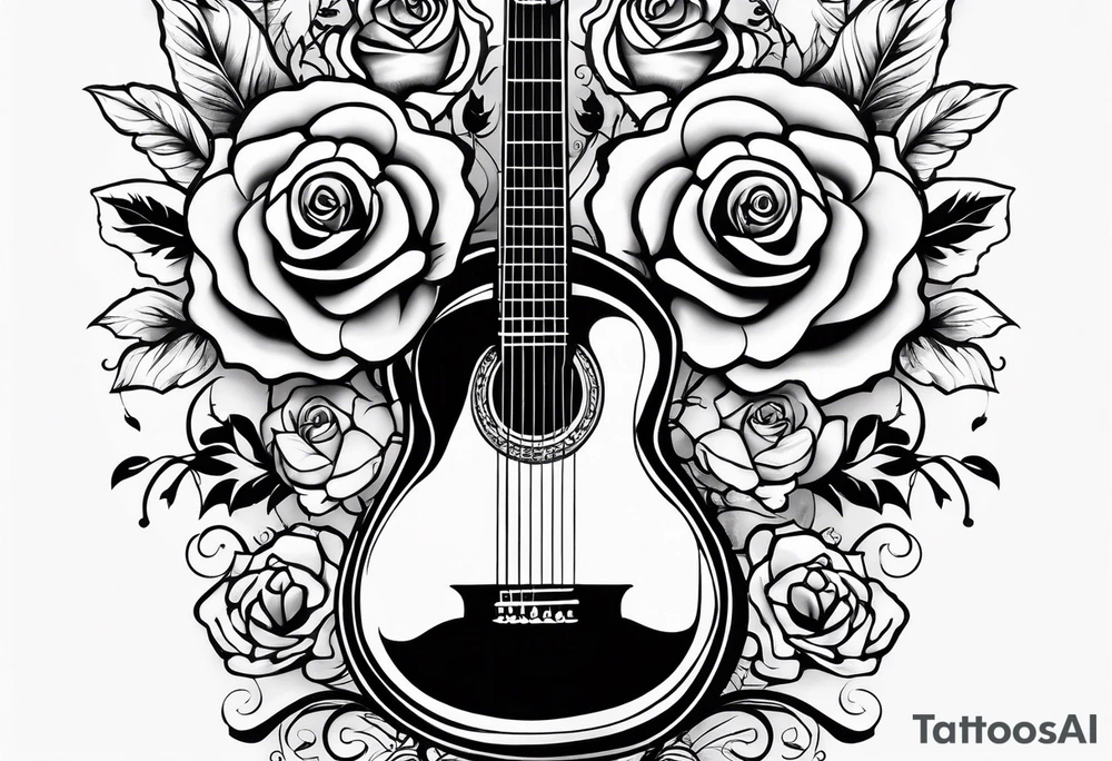 Acoustic guitar treble clef, roses, butterflies tattoo idea