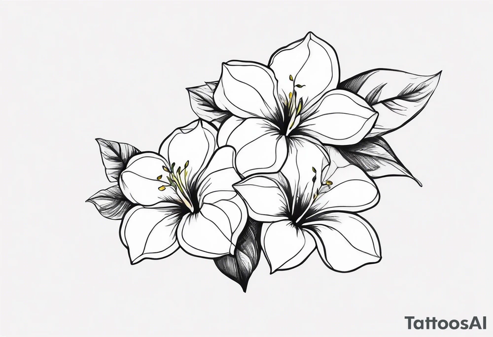white background, abstract mandevilla flowers on a vine, part of it watercolor, part of it just line work tattoo idea