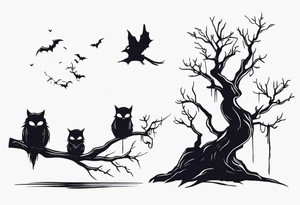 dark, undead creatures sitting on a branch of a tree tattoo idea