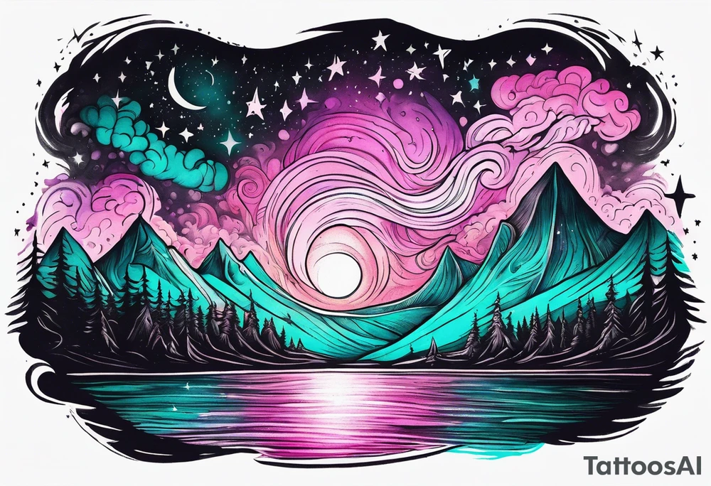 Pink purple teal Bonfire flames turning into northern lights and stars tattoo idea