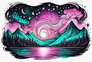 Pink purple teal Bonfire flames turning into northern lights and stars tattoo idea