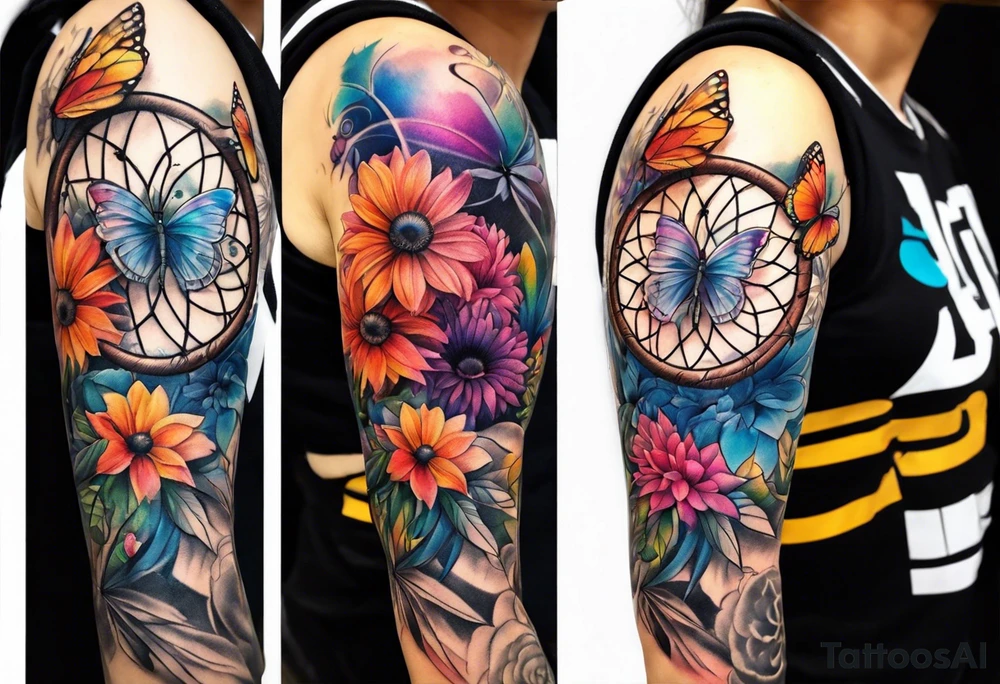 arm sleeve with dreamcatcher, rainbow flowers and one butterfly tattoo idea