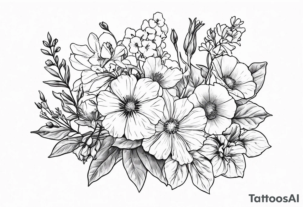 Birth flowers bouquet with violets, larkspur, aster, morning glory tattoo idea