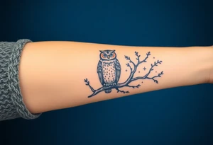 wise owl perched on ancient oak branch under starlit sky tattoo idea