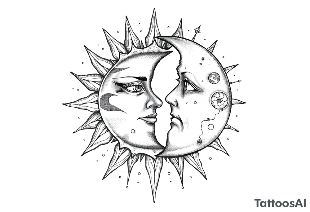 celestial sun and moon embrace with constellation patterns tattoo idea