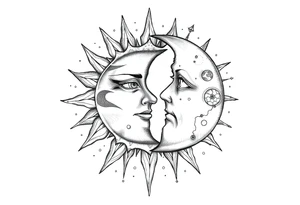 celestial sun and moon embrace with constellation patterns tattoo idea