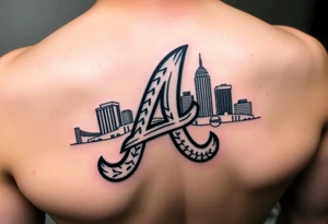Atlanta Braves letter logo “A” overlapping the Atlanta skyline in the back. Small and jam packed tattoo idea