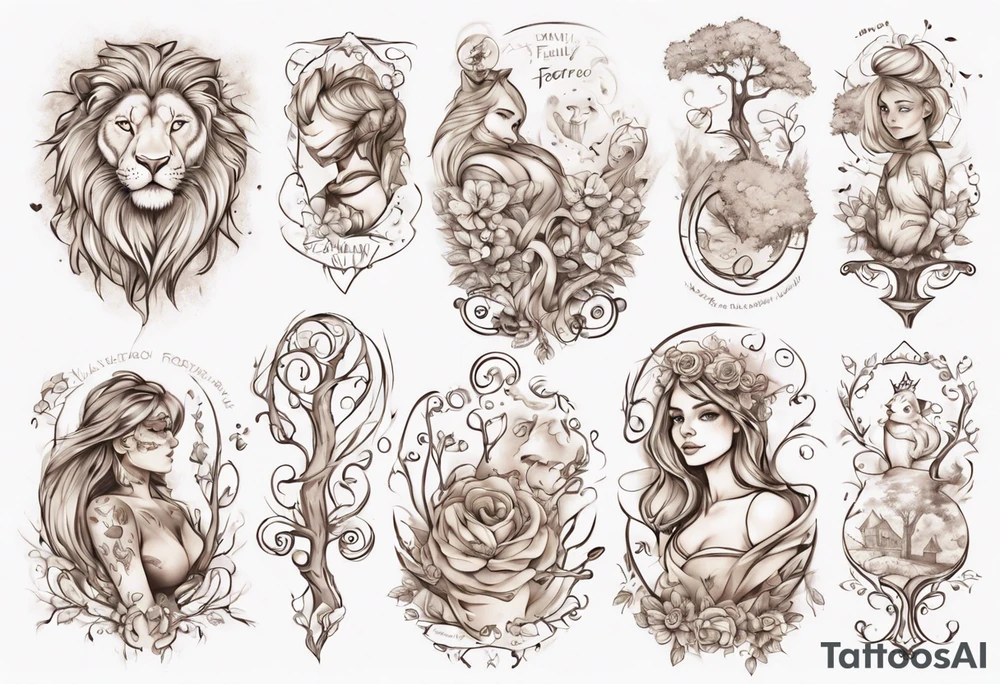 Female forearm, daughter, son, fairytale, family tree, leo tattoo idea