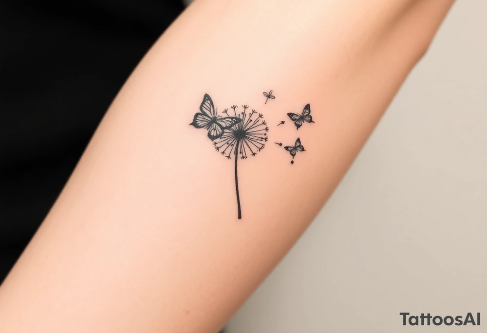 a dandelion and tow simple butterflies flying around it tattoo idea