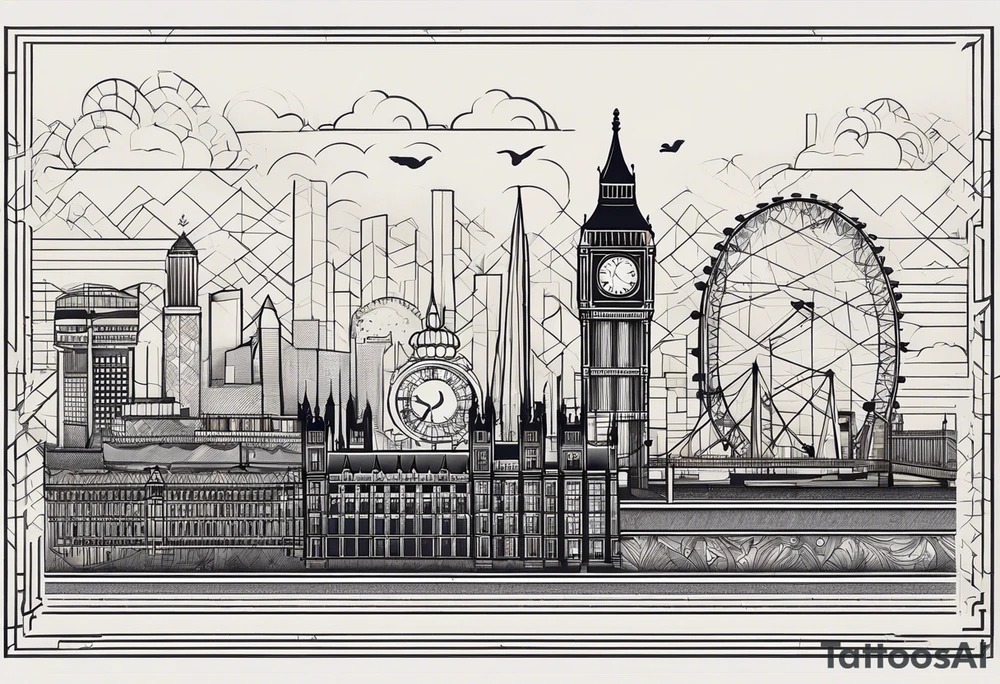 A minimalistic, abstract design capturing the architectural essence and vibe of London. Key elements of London’s skyline and structure are hinted at with clean lines, and subtle detailing includes personal touches, like a nod to Feid’s signature look (hat, glasses, mustache), integrated discreetly to honor a memorable concert experience. tattoo idea