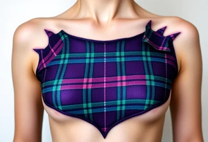 Chest 
Dark Purple with green pink blue and white highlights tartan fabric with skin around edges peeling and wrapping around side of shoulder tattoo idea