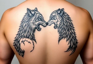 Man and woman facing each other both transforming into wolves tattoo idea