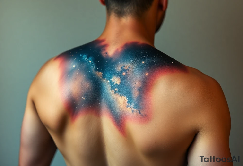 Beautiful and epic 3d milky way that appears to be what is beneath the skin. Make it drape over the shoulder and move to the middle back. use negative spaces to create stars and dust. Incorporate God breathing life into the universe. Keep it symmetrical tattoo idea