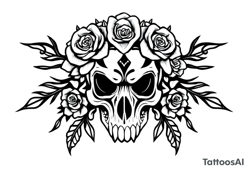 ornate skull adorned with crown of wild roses and thorns tattoo idea