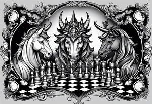 a chessboard with angelic and demonic chess pieces engaged in a strategic game, symbolizing the eternal battle between opposing forces. tattoo idea