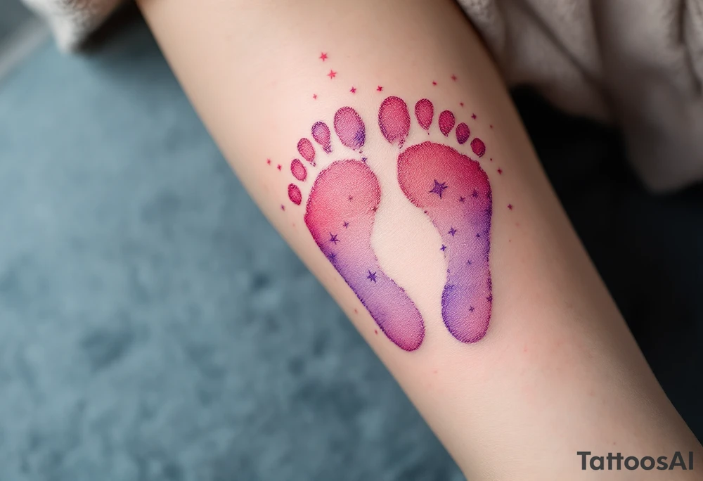 Pink and soft purple footprints of little Eli, with delicate stars around the prints to represent her innocence and joy. tattoo idea