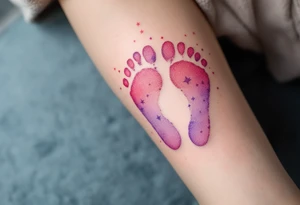 Pink and soft purple footprints of little Eli, with delicate stars around the prints to represent her innocence and joy. tattoo idea
