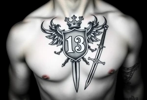 Family crest from Ireland with the Number 13, The Toledo Mudhens Baseball Team, And Demonic And Midevel dagger Featurs Made Into a full chest tattoo tattoo idea