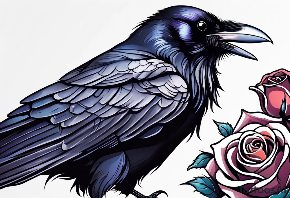 Raven looking back over shoulder with a rose underneath it tattoo idea