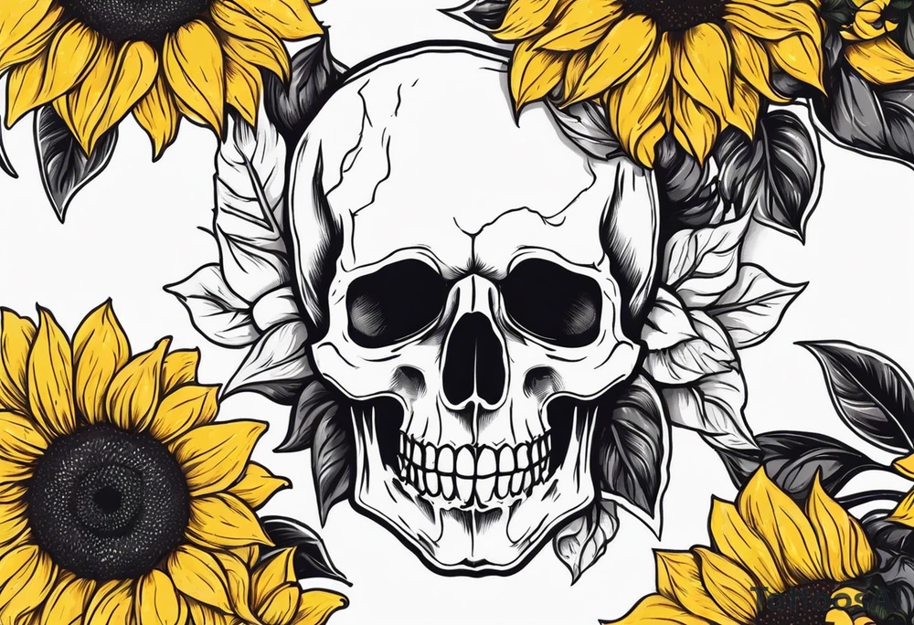 skull surrounded by sunflowers tattoo idea