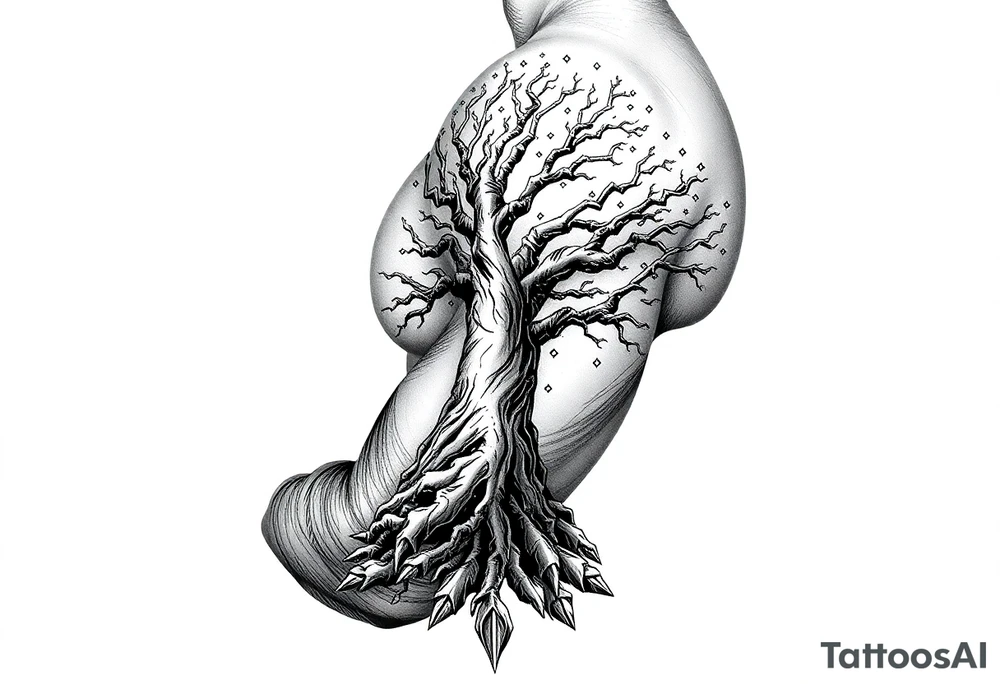 mystical tree of life with cosmic roots and celestial branches tattoo idea